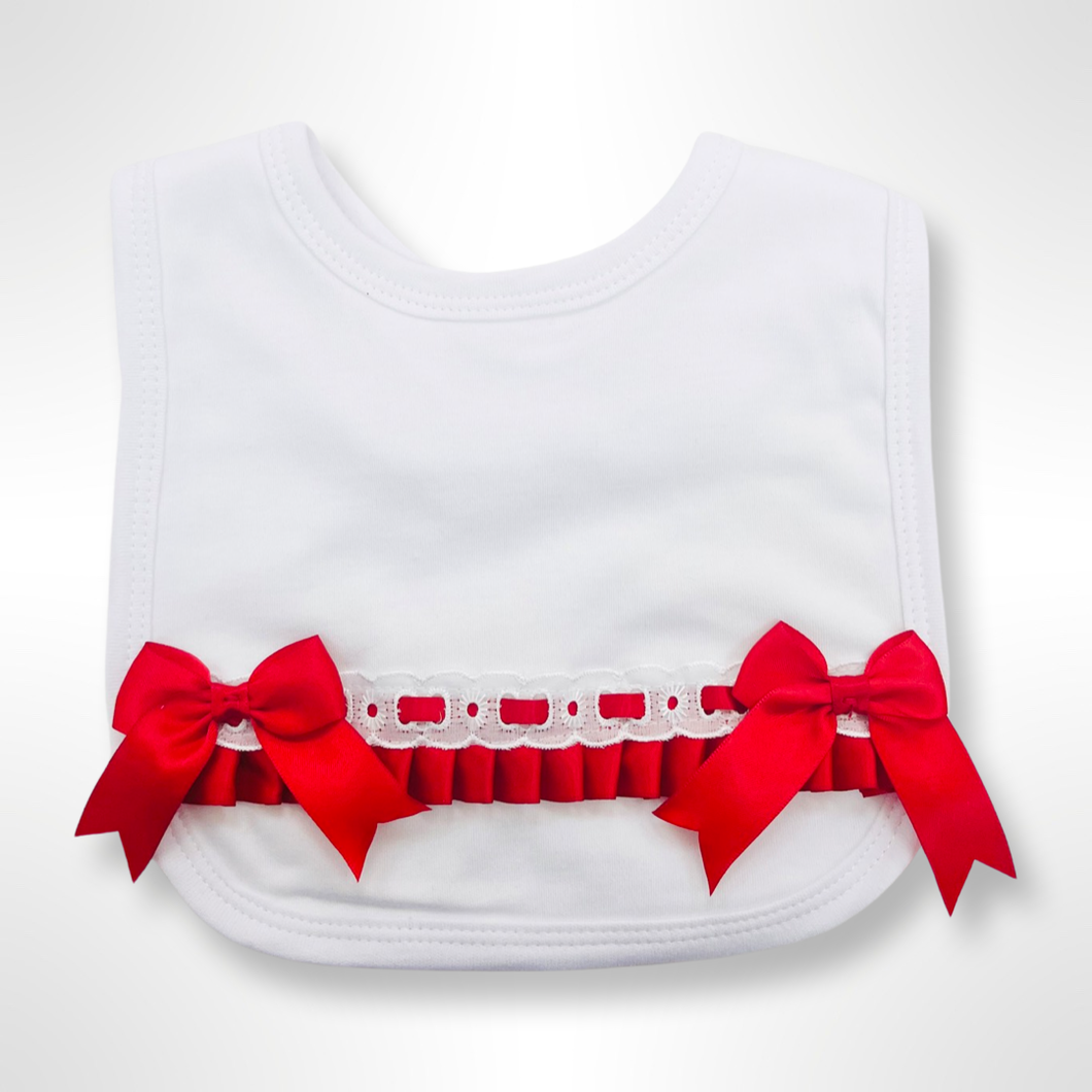 White Ribbon Trim Bib - Red Trim